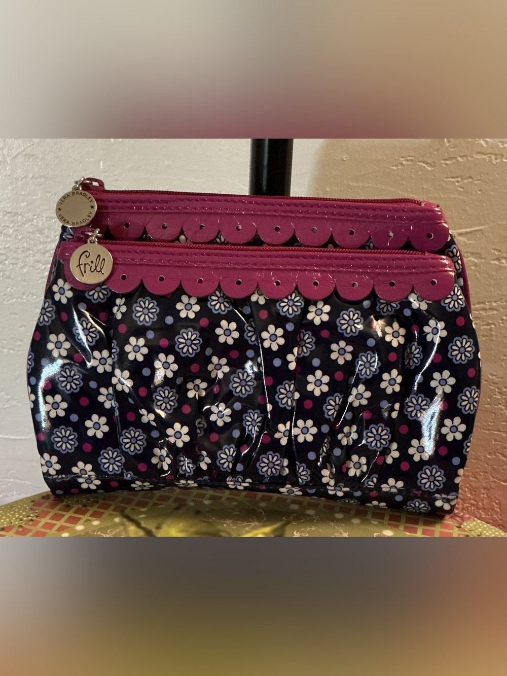 Frill Vera Bradley Navy Floral Patent Cosmetic Travel Pouch - Vinyl